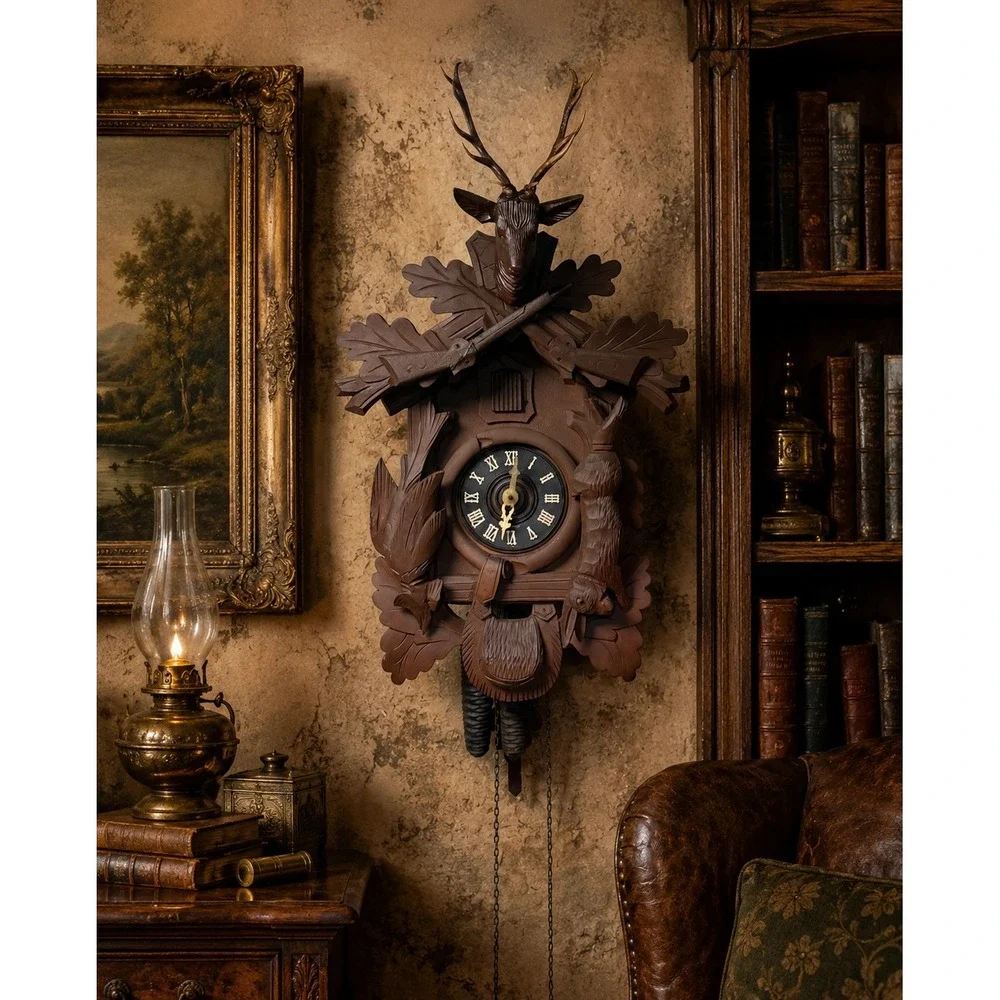 Vintage German Black Forest Cuckoo Clock Hunting Scene Stag Rifles Hand Carved